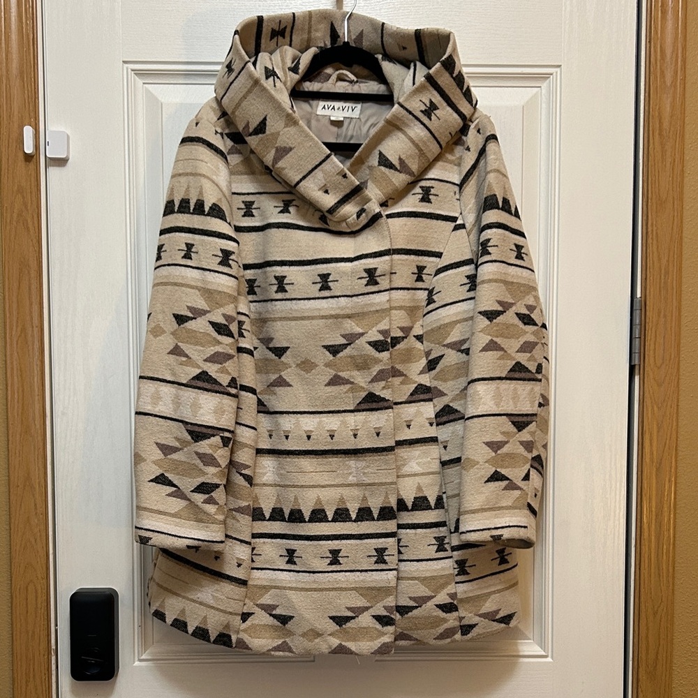 AVA & VIV Cardigan Coat Cape With Hood Aztec Geometric Design Size 2X